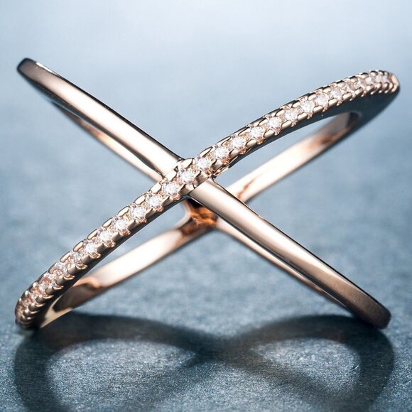 ✨ Two Lines Cross X Shape Rose Gold Ring for Women, VIP140 - Picture 1 of 3